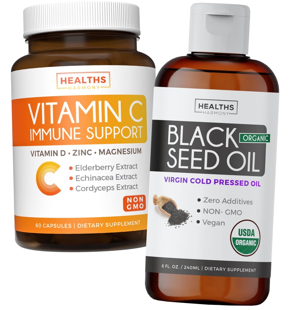 Bundle av svart frøolje flytende og vitamin C - immun Fusion Booster pakke - organisk svart frø olje væske (8fl oz) Premium kaldt-presset Nigella Sativa & vitamin C immun støtte (Non-GMO)(60 kapsler)