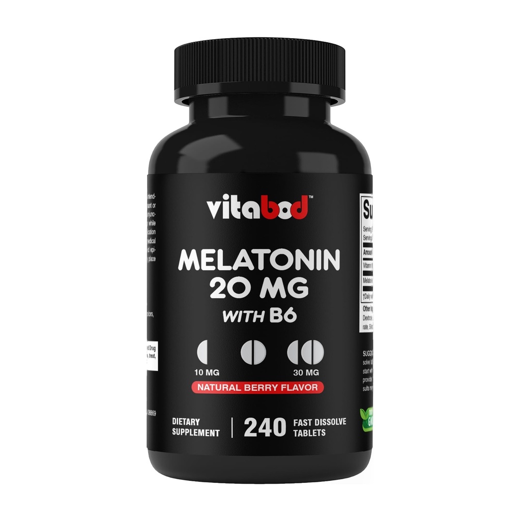 Vitabod Melatonin 20 mg - 240 Hurtigoppløselige tabletter - Drug Free - Natural Berry Flavor - Vegetarisk, ikke-GMO, Glutenfri 240 Count (Pack of 1) (240 Count (Pack of 1))