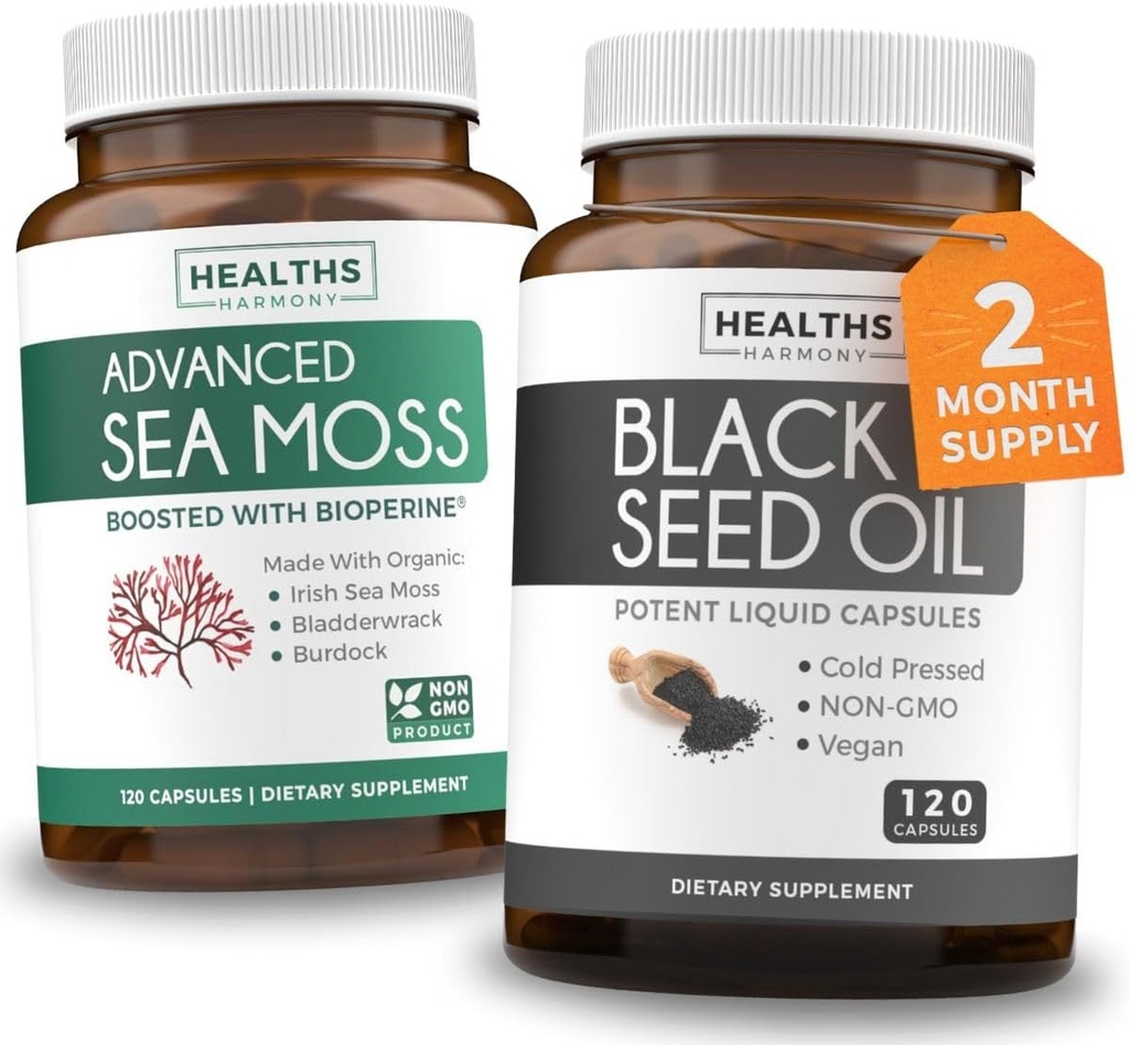 Svart Seed Olje & Irsk sjø Moss (2-måneders forsyning) - Velvære Duo Bundle av svart frøolje (120 kapsler) Kaldpresset Nigella Sativa & Irsk sjø Moss (120 kapsler) med Bioperine og Bladderwrack
