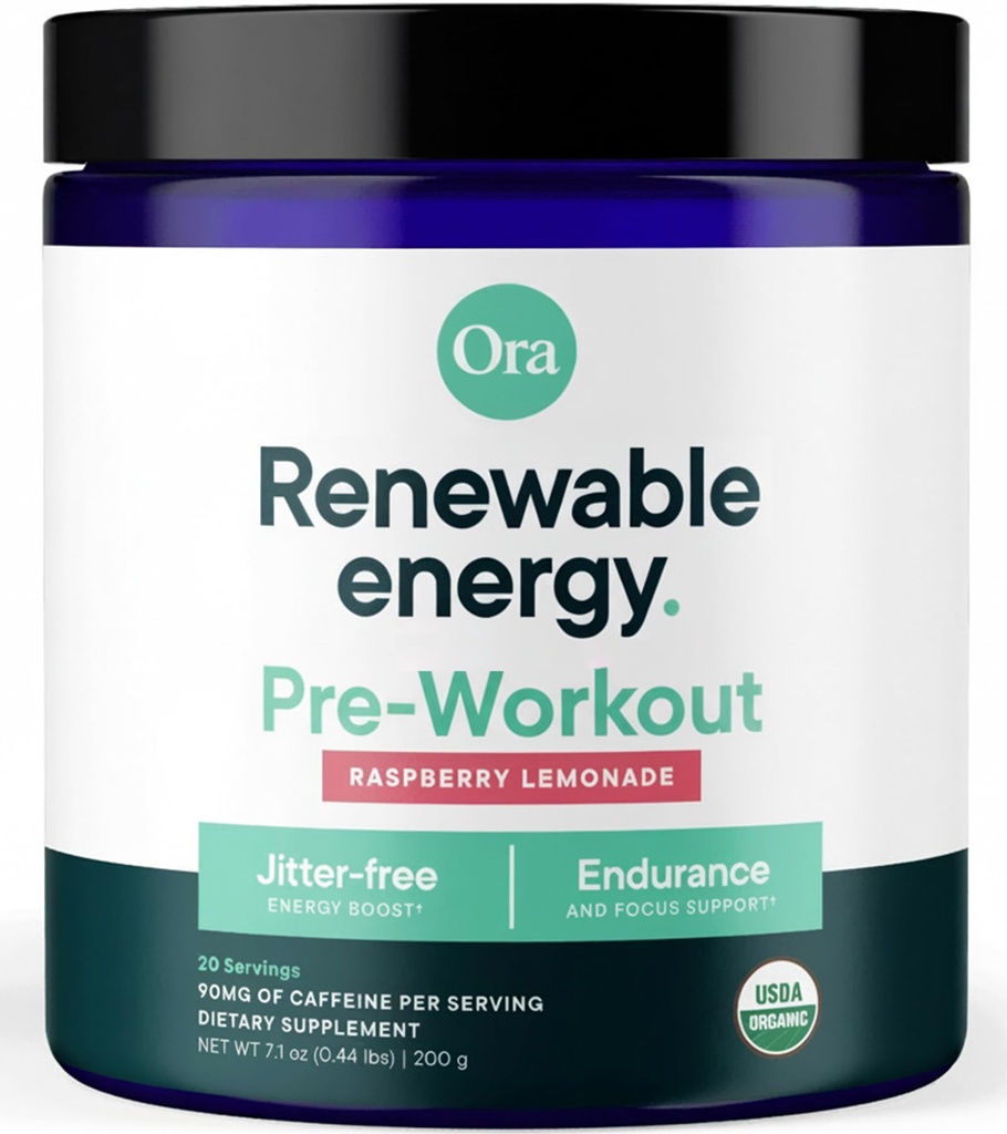 Ora økologisk naturlig pre trening pulver - bringebær sitronade flavor - gir jitter gratis energi, fokus, Hydration, & utholdenhet - Vegan, sertifisert økologisk, soya, dairy, & glutenfri, 20 Services