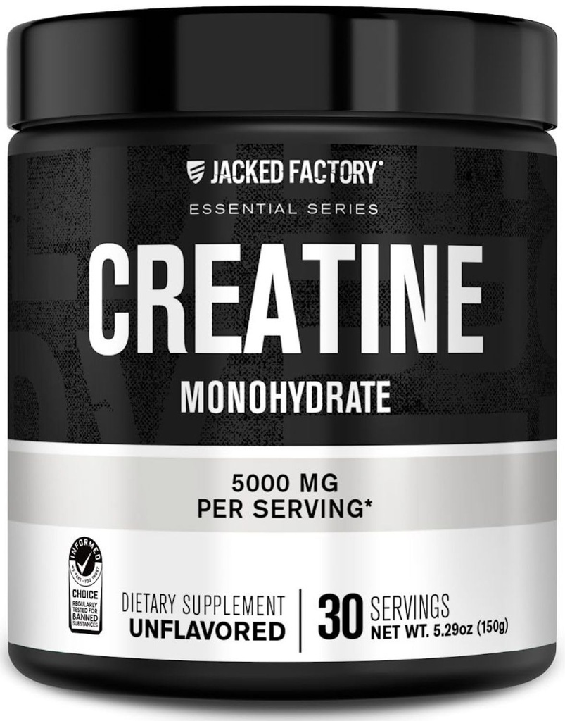 Jacked Factory Kreatin Monohydrat pulver 150g - 5g daglig kreatin Supplement for menn og kvinner, vegansk-vennlig, tredjeparts testet - 30 serveringer, uslavored