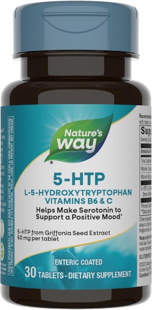Naturens måte 5-HTP, L-5-hydroxytryptophan, bidrar til å gjøre serotonin til å fremme en positiv Outlook*, vitamin B6, vitamin C, Griffonia Bean ekstrakt, 30 tabletter (Packaging May Vary)