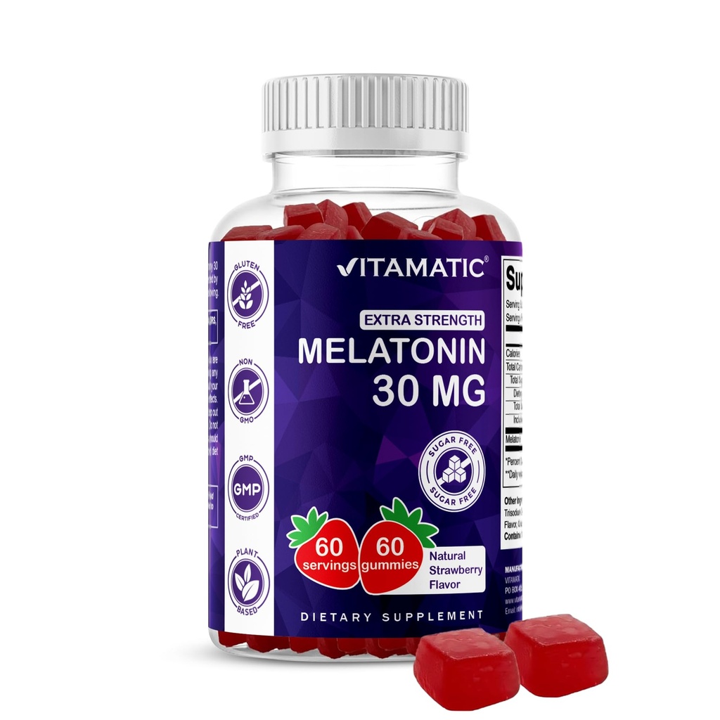 Vitamatic Sukker Gratis Melatonin 30mg per Gummy - 60 Serveringer - 60 Vegetariske Gummier - Ikke-Habit Forming Supplement (60 Count (Pack of 1))