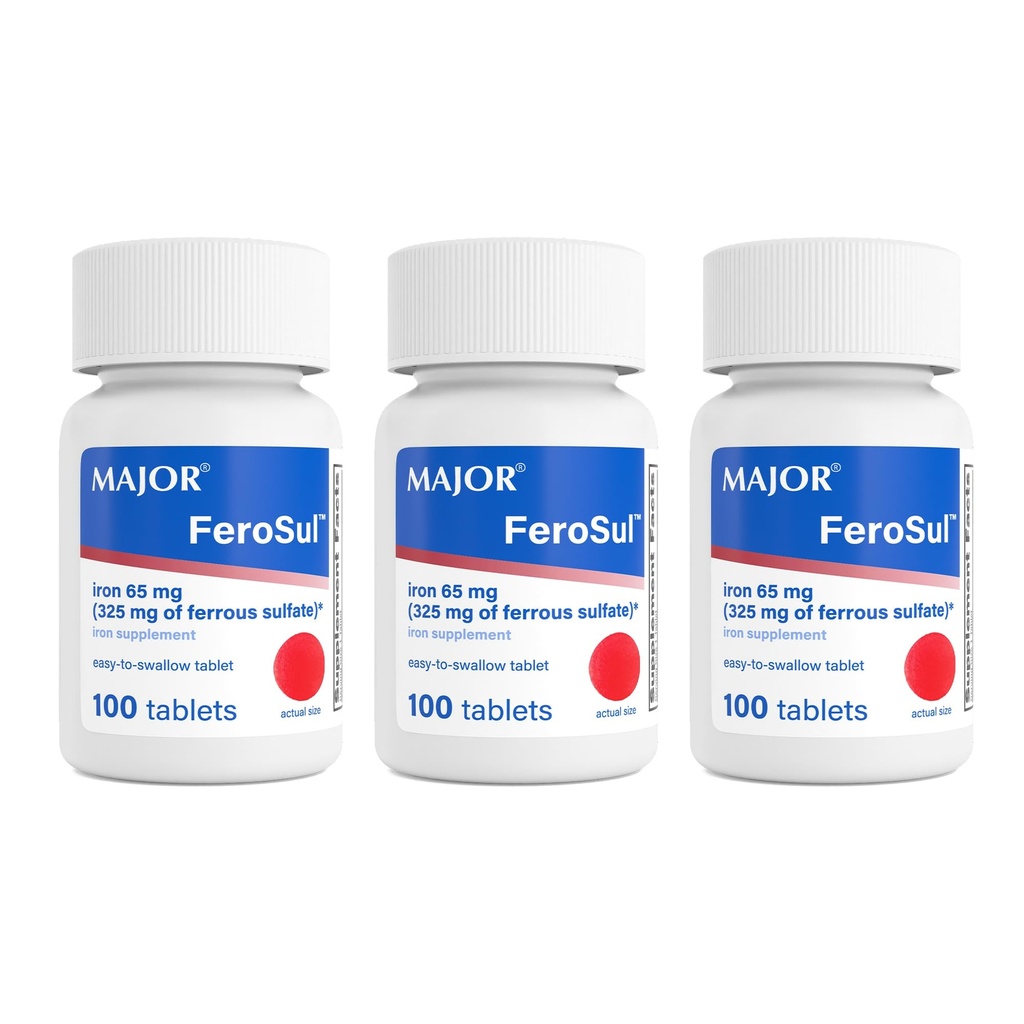MAJOR Ferosul - Ferrous Sulfate 325mg tabletter med 65 mg elementalt jern - jerntilskudd for kvinner, menn - rød - 100 tabletter (3 pakke)