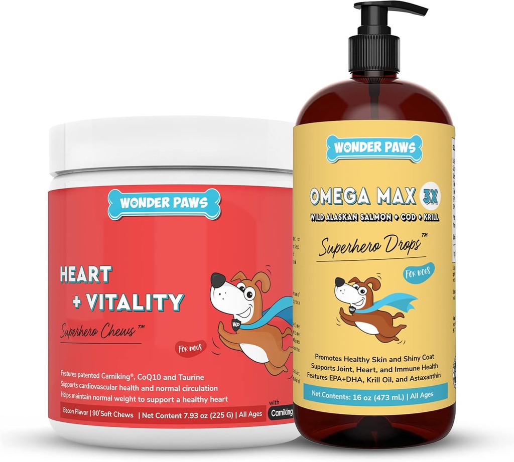 WONDER PAWS Heart + Vitality Superhero Chews Plus Omega Max fiskeolje - for hunder hjerte helse, hud og felles omsorg og immun støtte - hjerte + vitalitet 90 Chews - Omega Max 16 ovner