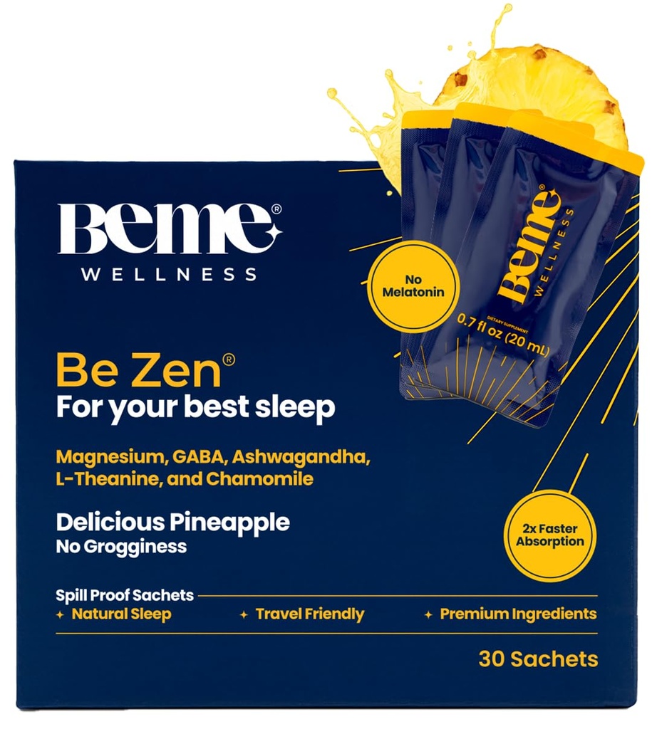 BeMe BeZen søvnhjelp kosttilskudd naturlig uten Melatonin - 2X absorpsjon enn piller - søvnhjelpmidler for voksne med magnesium, Ashwagandha, kamille, L-theanin & GABA - Delicious Pineapple