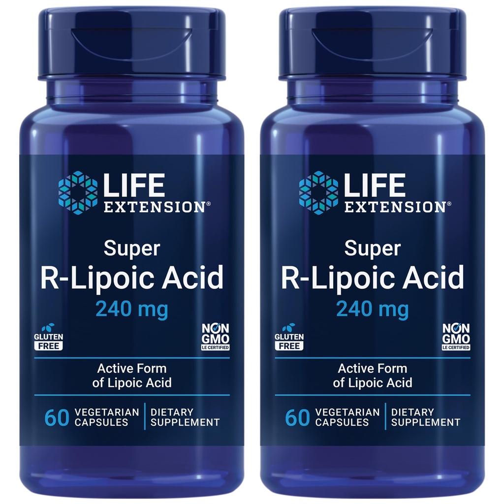 Livsforlengelse Super R-Lipoic Acid – sunn aldring, oksidativ stressforsvar – med 240 mg aktiv R-form av R-Lipoic Acid – Glutenfri – Ikke-GMO – vegetarisk – 60 kapsler (2 pakke)