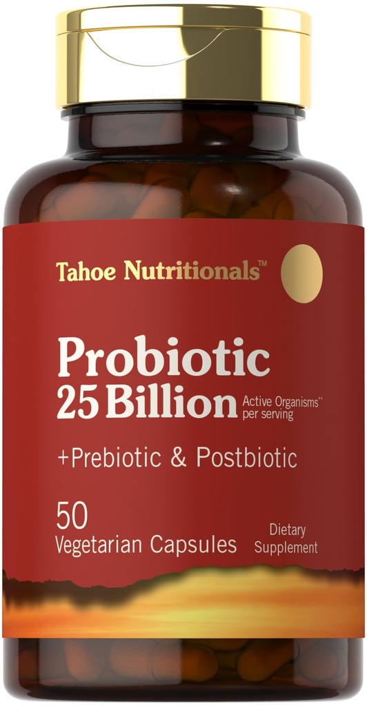Tahoe ernæringsmidler Prebiotiske, probiotiske og postbiotiske | 25 milliarder CFU | 50 pulverpiller | Menn og kvinners digestiv helse | Vegetarisk og ikke-GMO Supplement