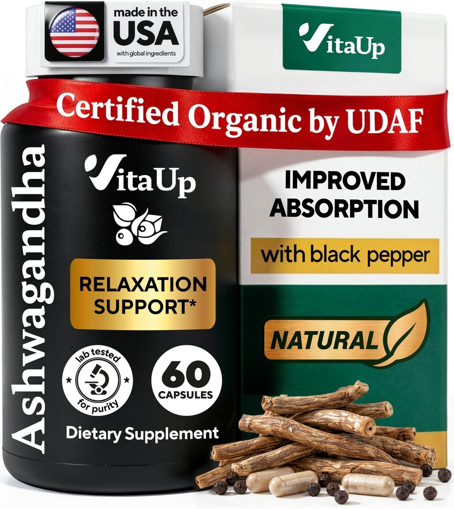 Ashwagandha Kapsler 1310mg med svart pepper - USA laget Ashwagandha Kosttilskudd for avslapping støtte, normal kognitiv funksjon & balansert energinivå – 60 Caps