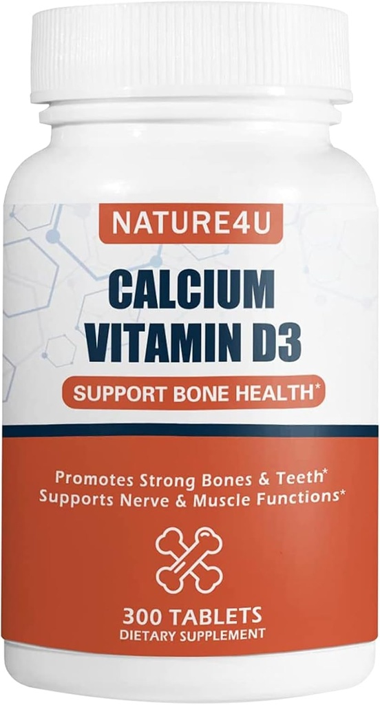 Kalsium 1000 mg med vitamin D3, Bein Helse Supplement for voksne, støtte Muscel Nerve Helse og kalsium Absorpsjon, 300 Tablett