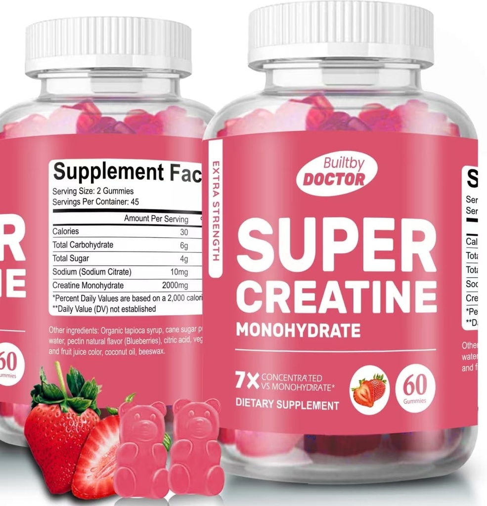 Super Kreatin Monohydrat Gummies for menn og kvinner, Sukker-fri, 30 Serveringer, 5 g Kreatin Per Serving, Vegansk, Glutenfri, Bodybuilding Recovery Supplement for å øke muskelstørrelse og styrke
