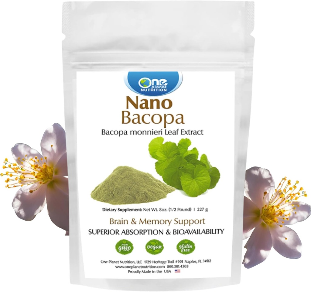 One Planet Nutrition Nano Bacopa pulver 8 oz (227 Serveringer), Bacopa monnieri ekstrakt, Nano for enkel absorpsjon, forbedrer hukommelse og fokus, hjelpestofffri, ikke-GMO, Vegansk, Glutenfri