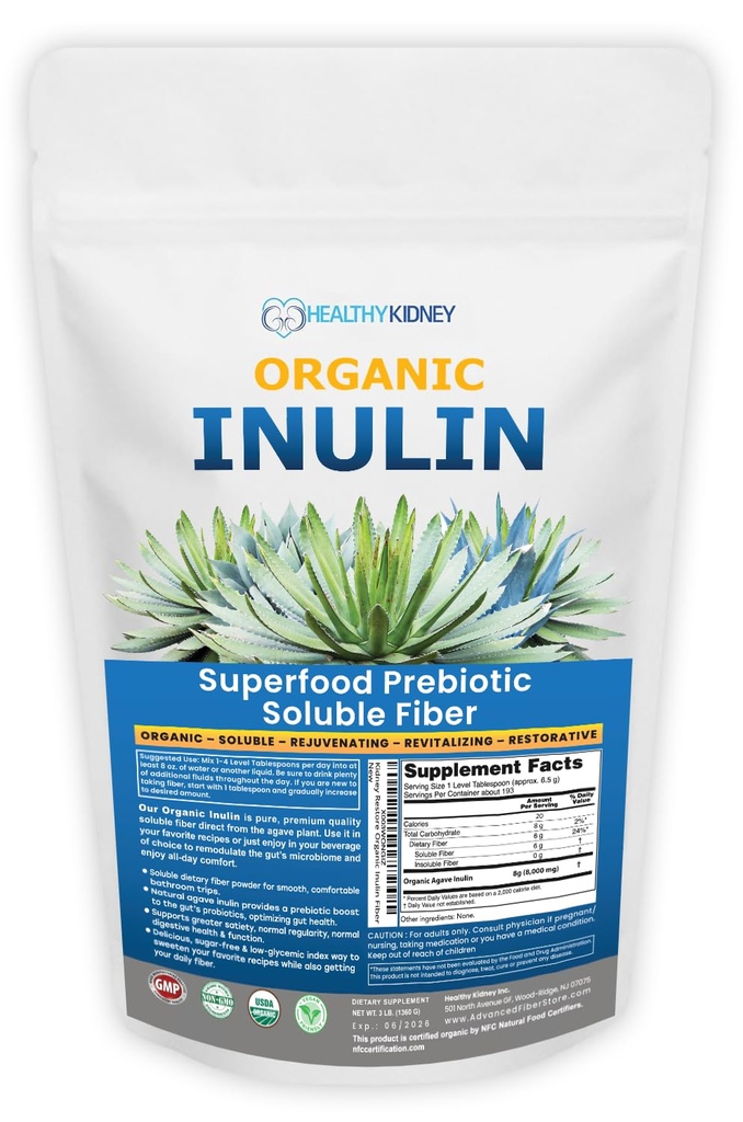 Organisk Inulin Powder (48oz/3 lbs) Gentle Agave Prebiotiske Fiber Supplement for digestiv støtte, Gut Helse, Vegan Baking, Smoothies & Drinks