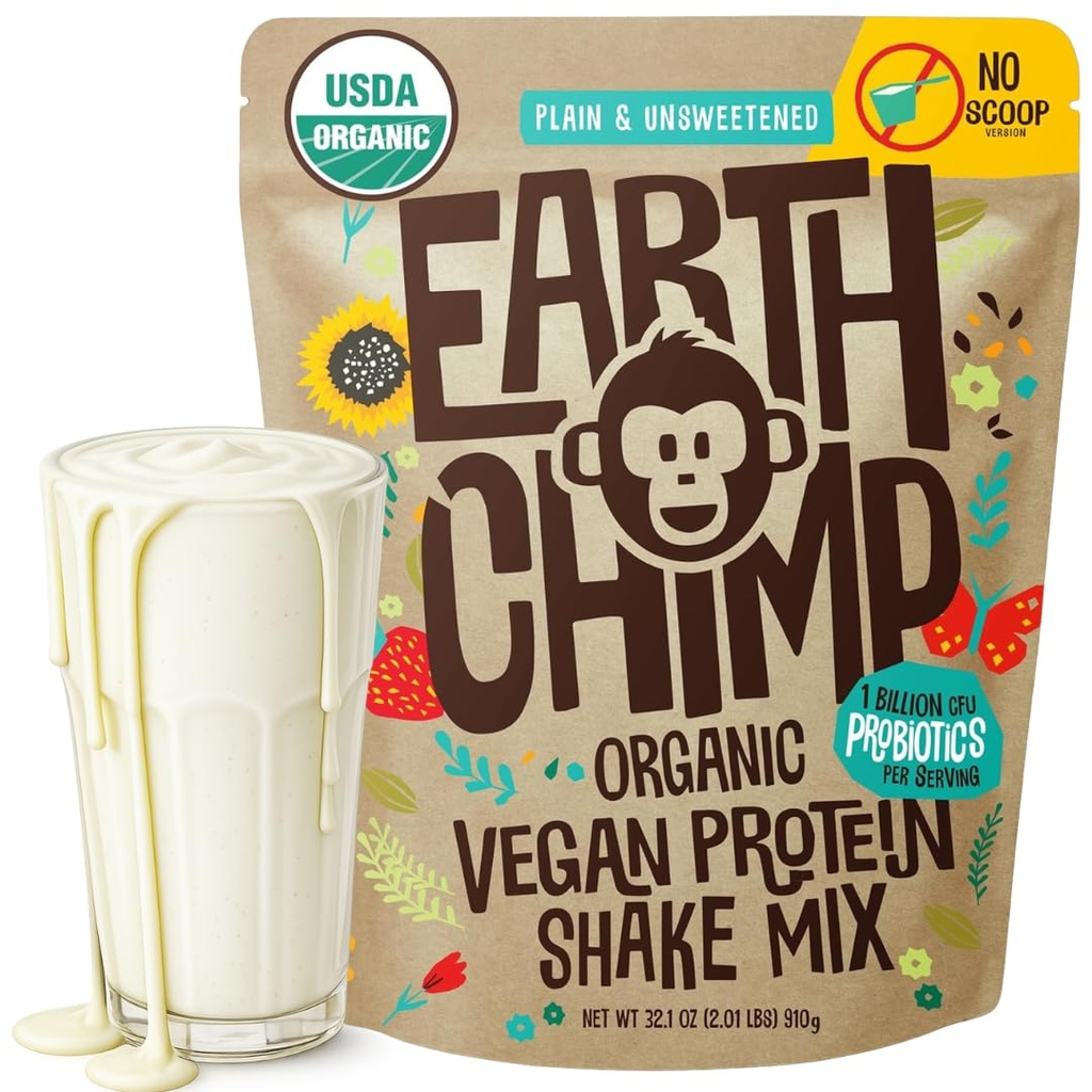 JordChimp organisk vegansk protein pulver - med probiotika - ikke GMO, Dairy Free, Non Whey, Plant Basert Protein pulver for kvinner og menn, Glutenfri - 26 Serverer 32 Oz (Plain & Unsweeted) No Scoop