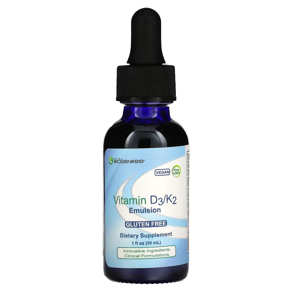 Nutra Biogenese vitamin D3/K2 Emulsjon - flytende vitamin D-dråper med MCT olje, D3 K2 Supplement for voksne og barn, sublingual olje dropper for kvinner og menn - 1 Fl Oz flaske (30 ml)
