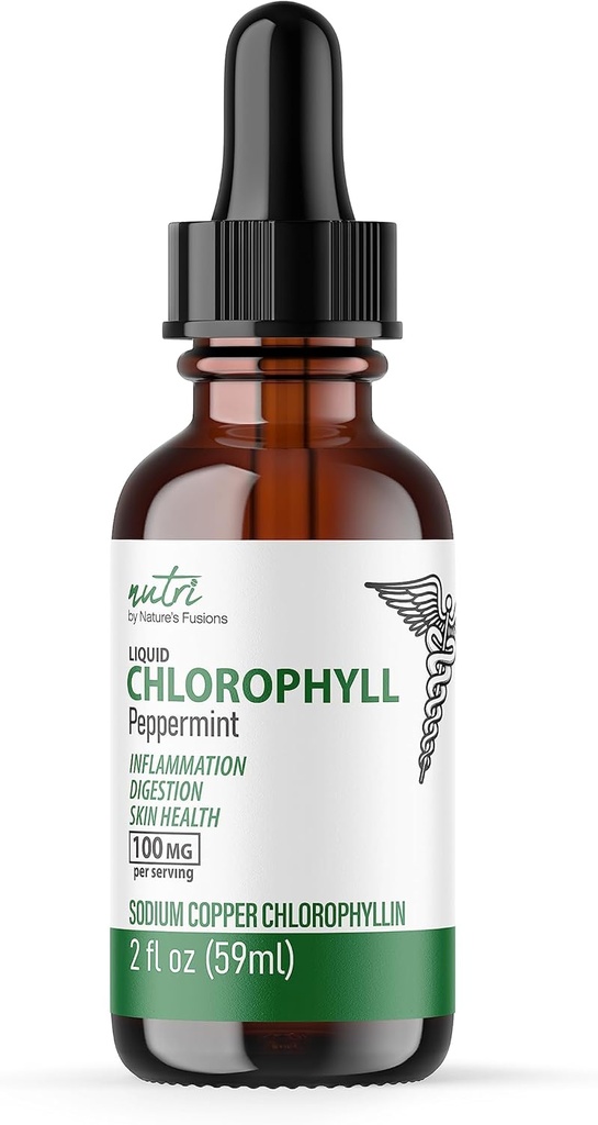 Naturens Fusions Nutri flytende klorofyll Peppermynt 100 mg - Intern Deodorant & Detoxifier - Flytende dråper - 2 fl oz (59 Serveringer, 100 mg per servering) - Clorofila Liquida