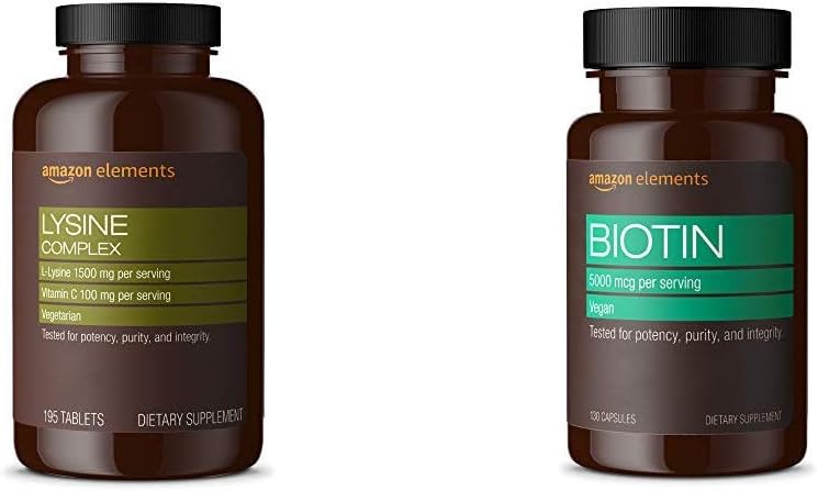 Elementer Lysinkompleks med vitamin C (1500 mg L-Lysin med 100 mg Vitamin C per servering - 3 tabletter), støtter immunhelse, vegetarisk, 195 tall (pakke kan variere) og elementer Vegan Biotin 5000 mg - Hår, hud, negler, 130 kapsler (4 måneders forsyning) (pakke kan variere)