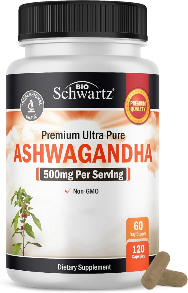 BioSchwartz Ashwagandha Supplements - Ekstra styrke Ashwagandha Kapsler 500 mg Per Serving - Glutenfri, Ikke-GMO, laget i USA med globalt kilde ingredienser, 60 serveringer (120 greve)