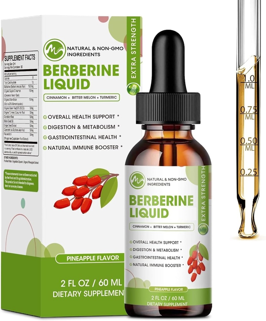 Berberine Supplement flytende dråper, Berberine med ceylon kanel, gurkemeie, Resveratrol, Bitter Melon, og mer-ekstra styrke vegansk kosttilskudd, støtter immunsystem og digestiv system