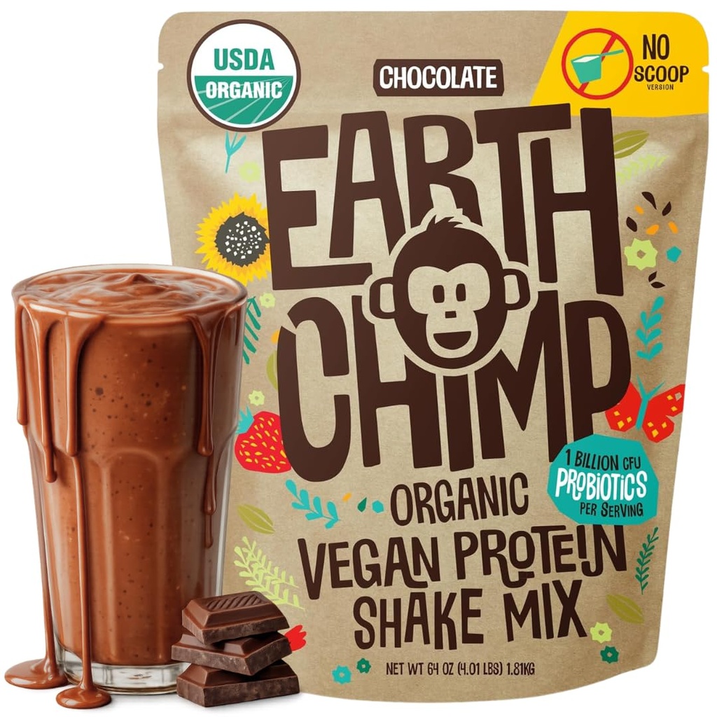EarthChimp Organic Vegansk Protein pulver - med probiotika - Ikke GMO, Dairy Free, Non Whey, Plant Basert Protein pulver for kvinner og menn, Glutenfri - 52 Serveringer 64 Oz (Chokolate) Ingen Scoop
