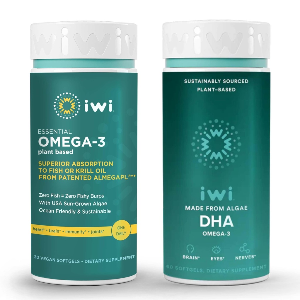 Iwi Omega-3 Essential & DHA Omega-3 Bundle, 30 Serveringer, Vegan Plant-basert Algae Omega 3, Krill & Fish Oil Alternativ, Ingen Fiskig Ettersmak