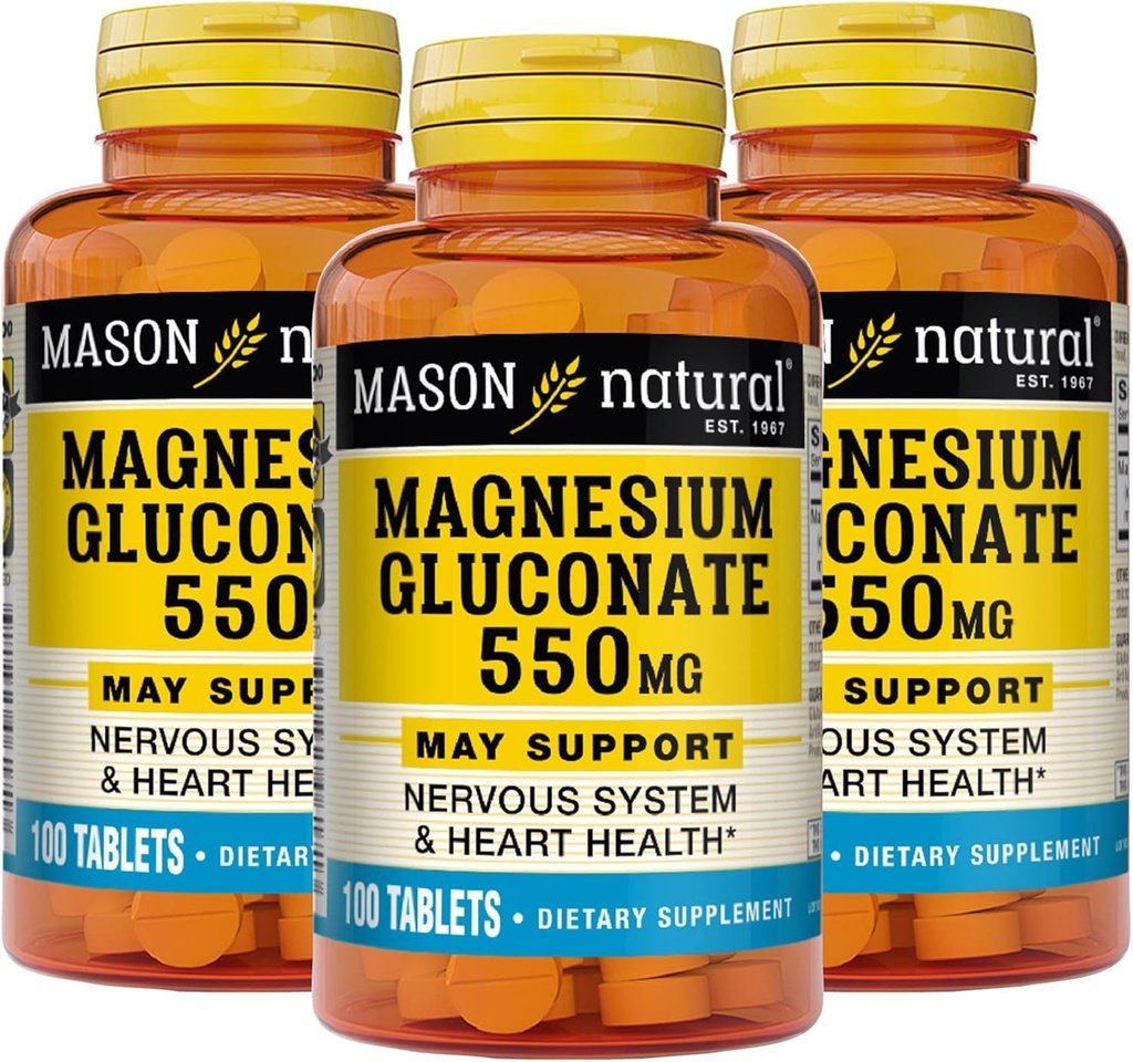 Mason Natural Magnesium Gluconate 550 mg, 300 dagers forsyning for normal sunn hjerte og nervesystem støtte, 100 tabletter (pakke på 3)