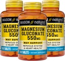 Mason Natural Magnesium Gluconate 550 mg, 300 dagers forsyning for normal sunn hjerte og nervesystem støtte, 100 tabletter (pakke på 3)