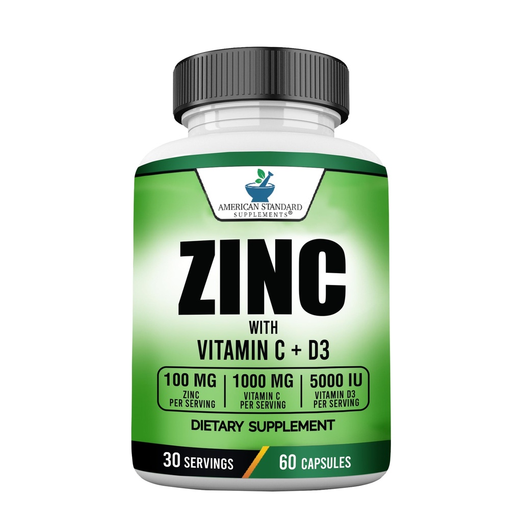 American Standard Supplements Sink 100mg, vitamin C 1000mg, og vitamin D3 5000 IU (125mcg) Per servering - Glutenfri, Ikke-GMO, 60 kapsler, 30 Serveringer