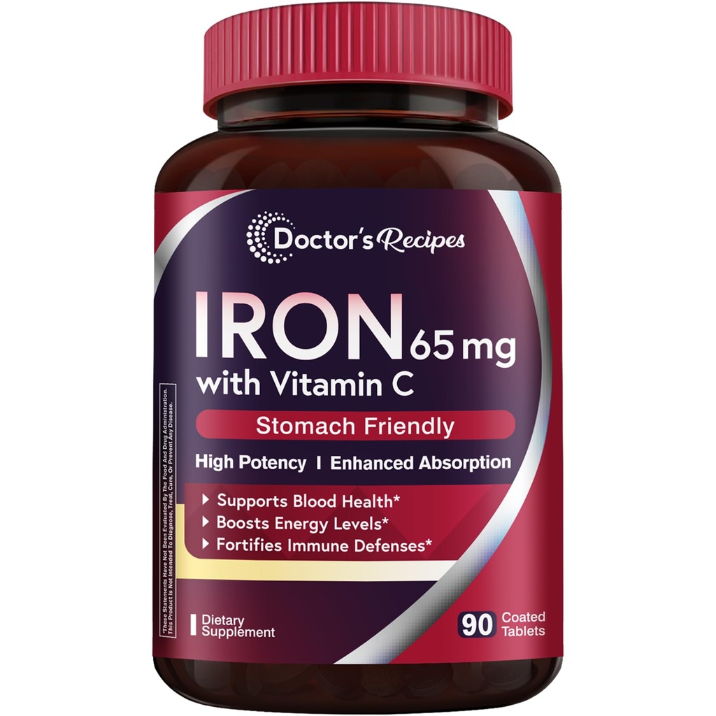 Legens oppskrifter Jern Supplement 65 mg med vitamin C - Maksimert absorpsjon og magevennlig jern piller for røde blodceller formasjon, hjerte, hjerne og immunisme helse - Vegansk ikke-GMO 90 jern tabletter