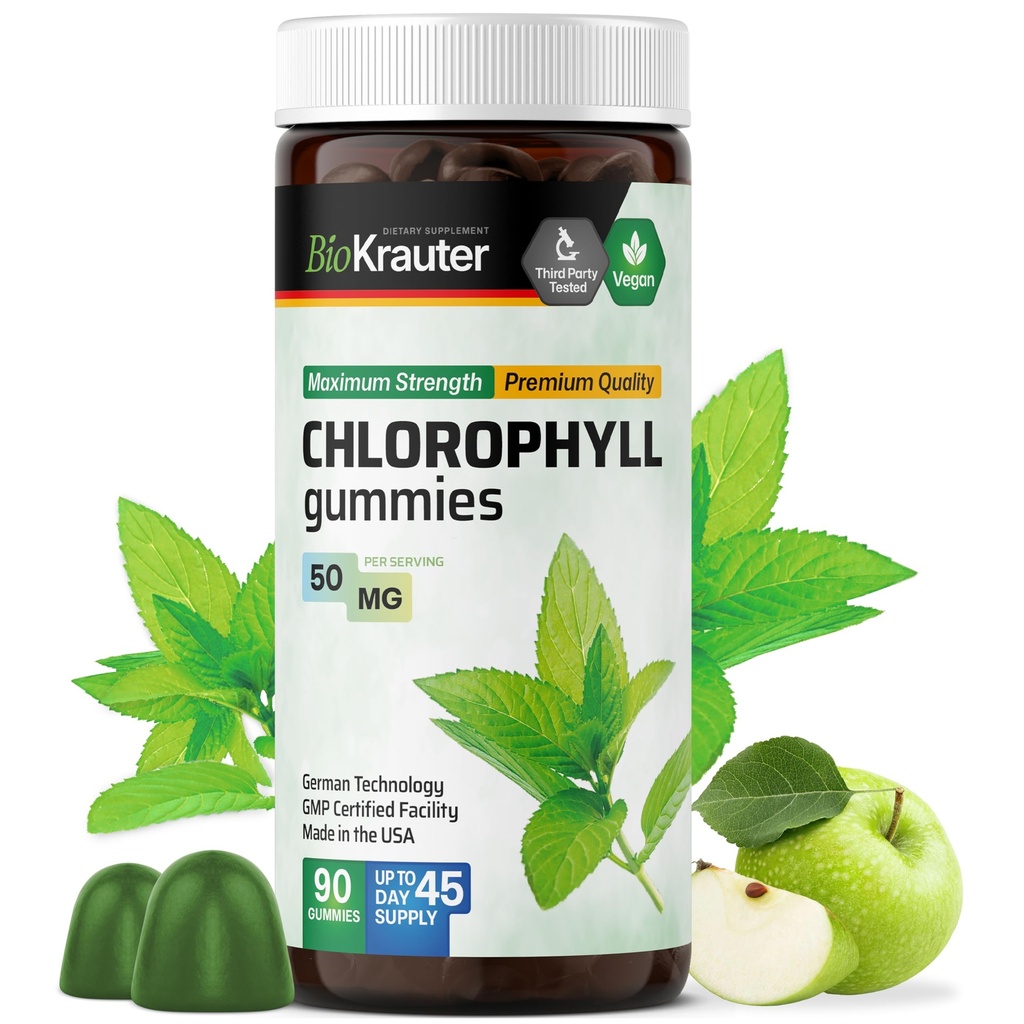 BIO KRAUTER Klorofyll Gummier - 90 Chews - Klorofyll Kosttilskudd - Naturlig hud og detox støtte - Vegan, Pectin Basert, Ikke-GMOs Chews