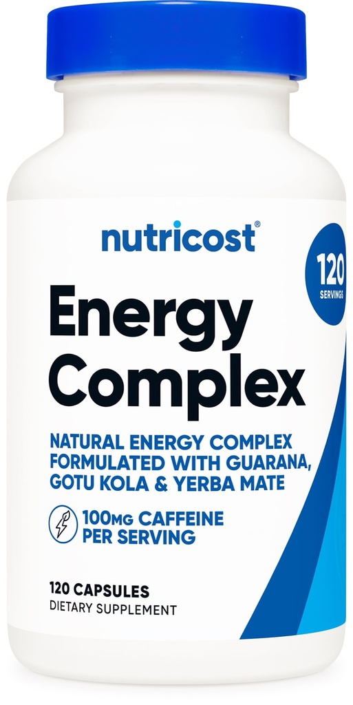 Nutricost naturlig energi piller kompleks 120 kapsler, 100 mg koffein - Glutenfri - Ikke-GMO