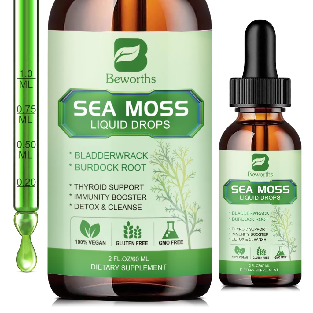 Sea Moss flytende dråper - Økologisk Irish Sea Moss Gel med Spirulina, Bladderwrack, Burdock Root, Seamoss Gel Supplement for felles, Detox Cleanse & Digestions Support - 2 Fl Oz, Vegan