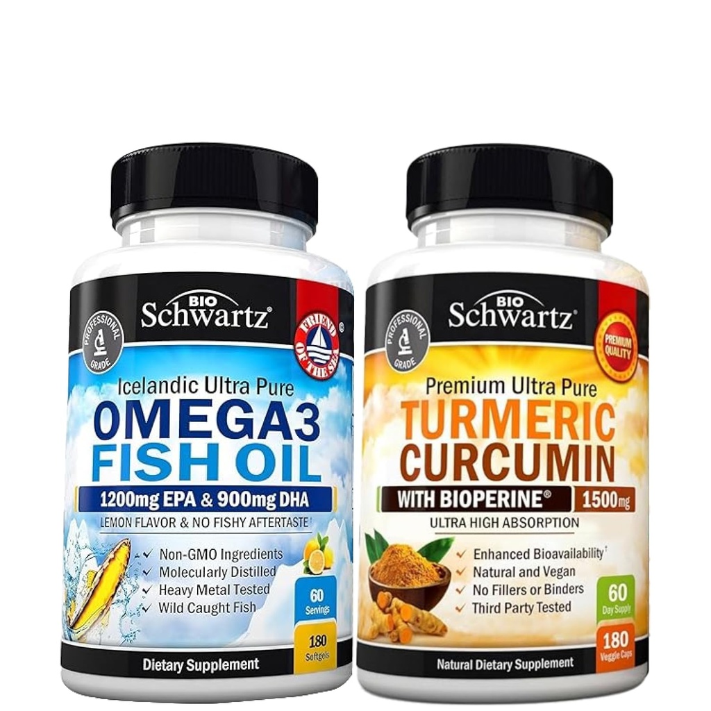 Triple styrke Omega 3 Fish Oil Softgels (2 måneders forsyning) Plus gurkemeie curcumin med svart pepper ekstrakt 1500 mg kompleks (2 måneders forsyning)