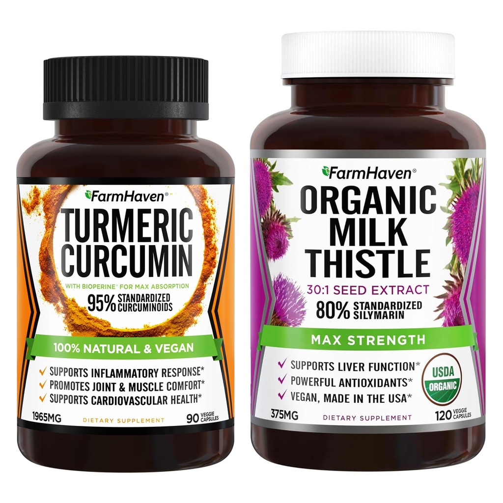 FarmHaven Milk Thistle 120 kapsler og gurkemeie curcumin 90 kapsler