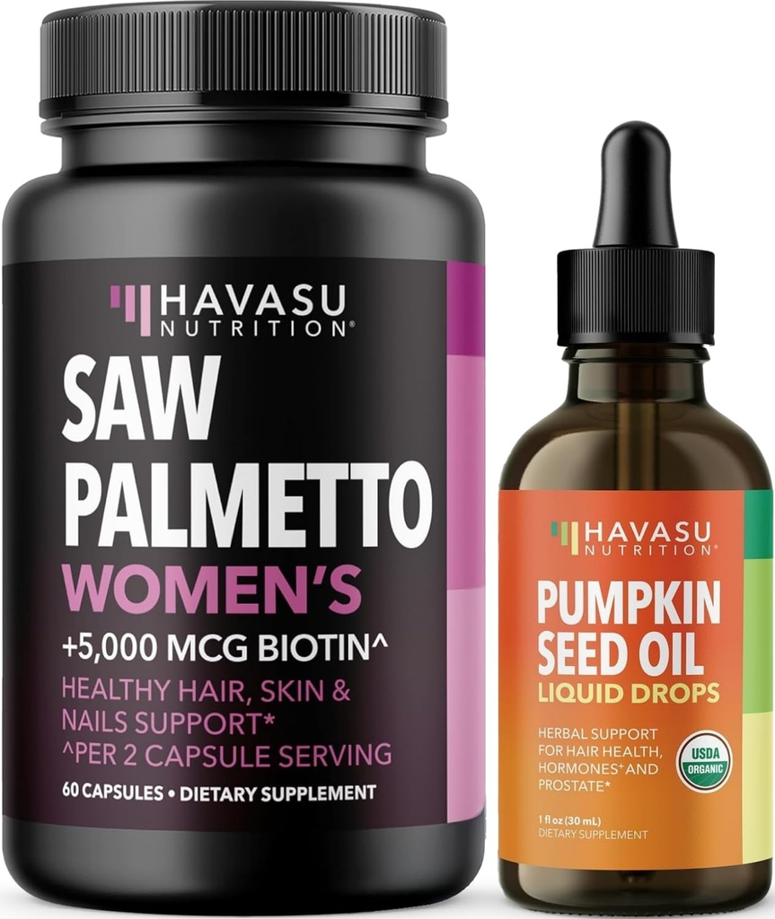 HAVASU NUTRITION USDA Økologisk Pumpkin Seed Oil Drops (60 Serveringer) & Sag Palmetto for kvinner Hair Complex (30 Serveringer)