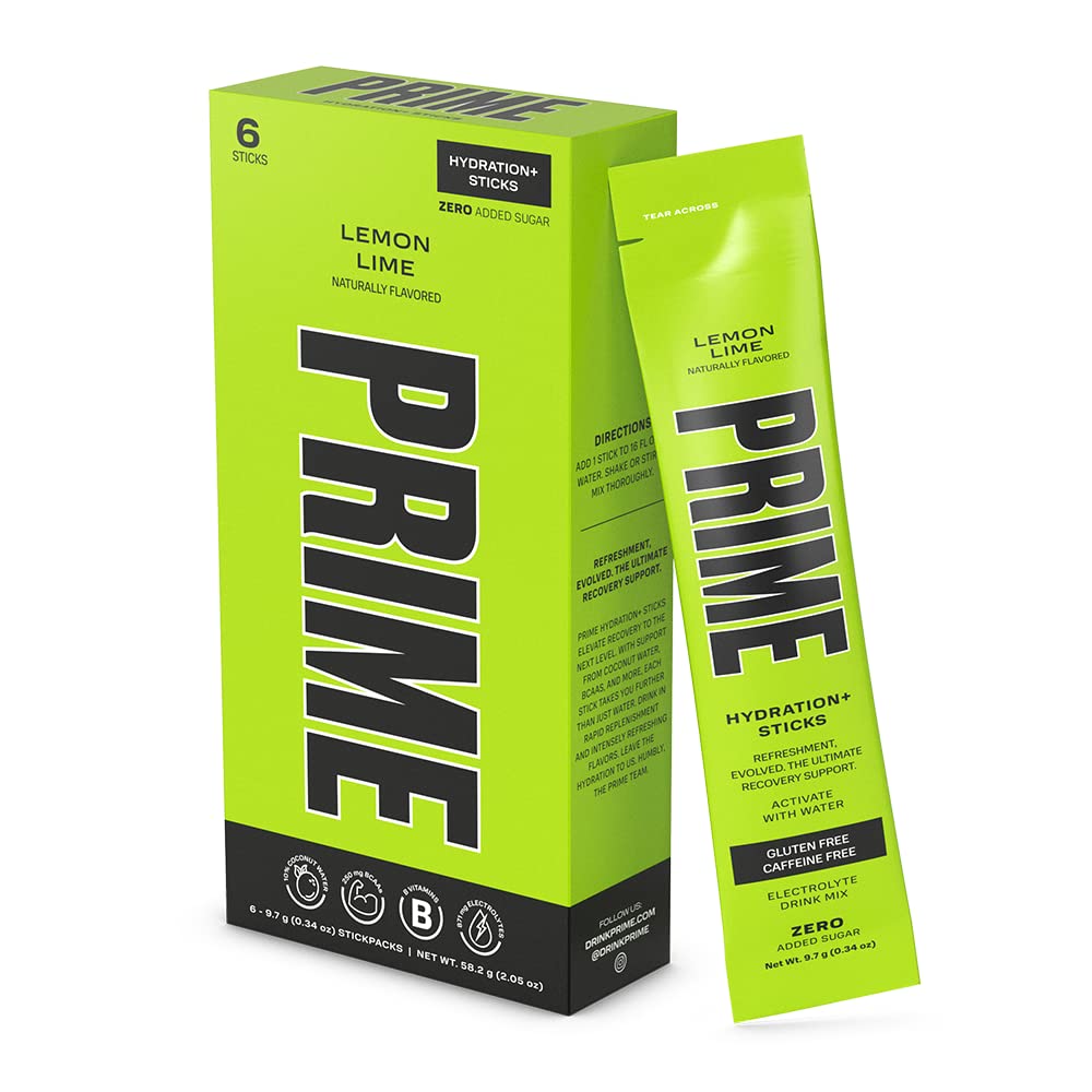PRIME HYDRATION + Sticks Lemon Lime | Hydration Powder Single Serve Sticks | Electrolyte pulver på farten | Lav sukker | Koffein-fri | Vegan | 6 Sticks