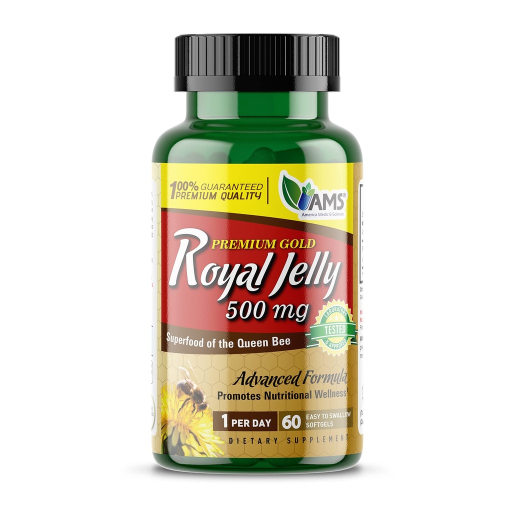 America Medic & Science Royal Jelly 500mg (60 mykgels) | Superfood av Queen Bee | Diett Supplement for kvinner | Fremmer immunitet og fertilitet | Støtter hud, lever, hjerte og hjerne helse