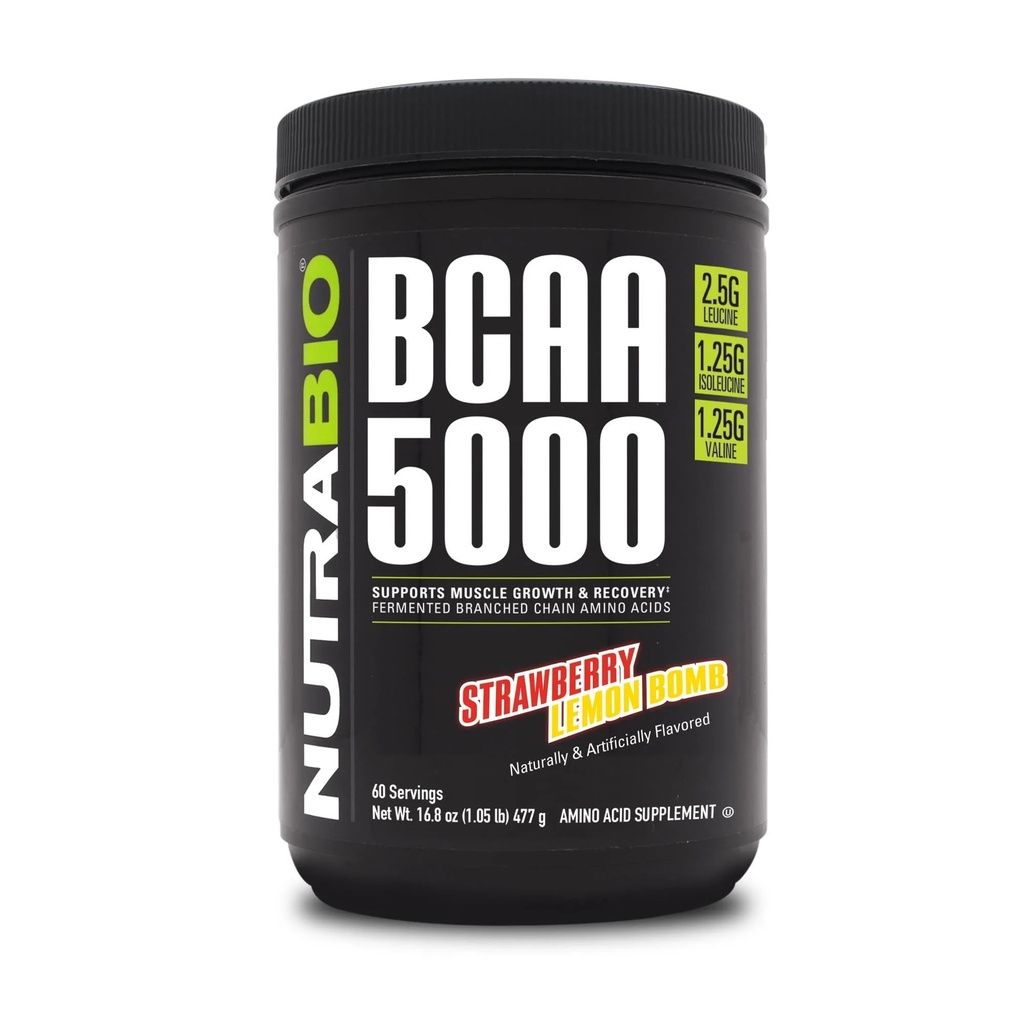NutraBio BCAA 5000 pulver - Vegansk fermentert BCAA - støtter lean muskelvekst, gjenoppretting, utholdenhet - 60 serveringer - Jordbær sitronbombe