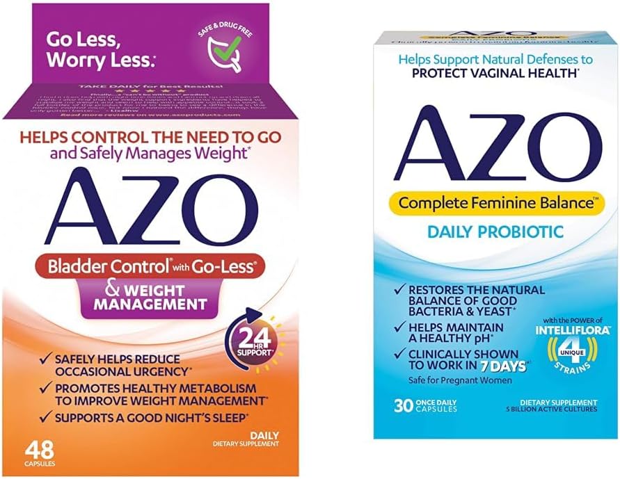 AZO Bladder Control med Go-Less® og vekt management kosttilskudd og komplett feminin balanse daglige probiotika for kvinner, klinisk bevist å beskytte
