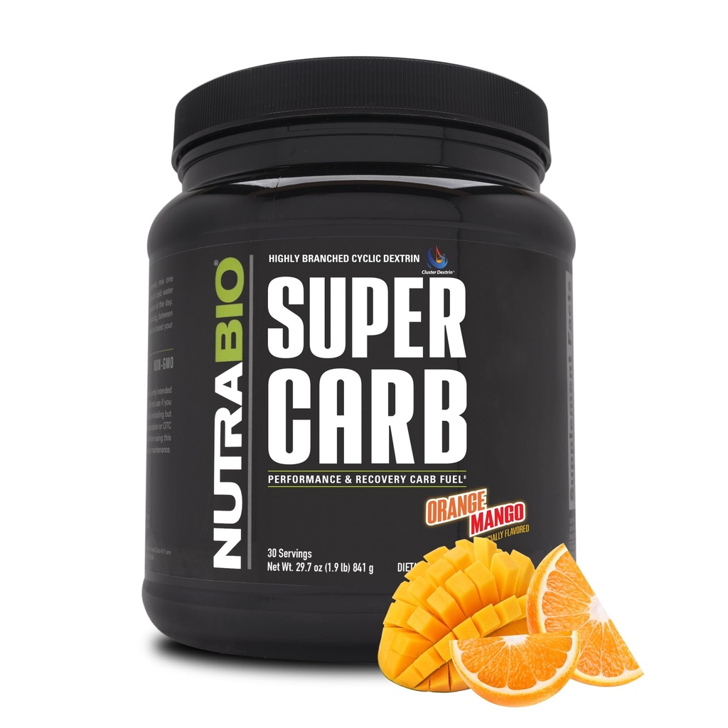 NutraBio Super Carb, karbohydrat pulver med Cluster Dextrin & Elektrolytter, Avansert karbohydrattilskudd pulver for trening drivstoff, ytelse, og muskelgjenvinning, syklisk dextrin, oransje mango, 30 Sv