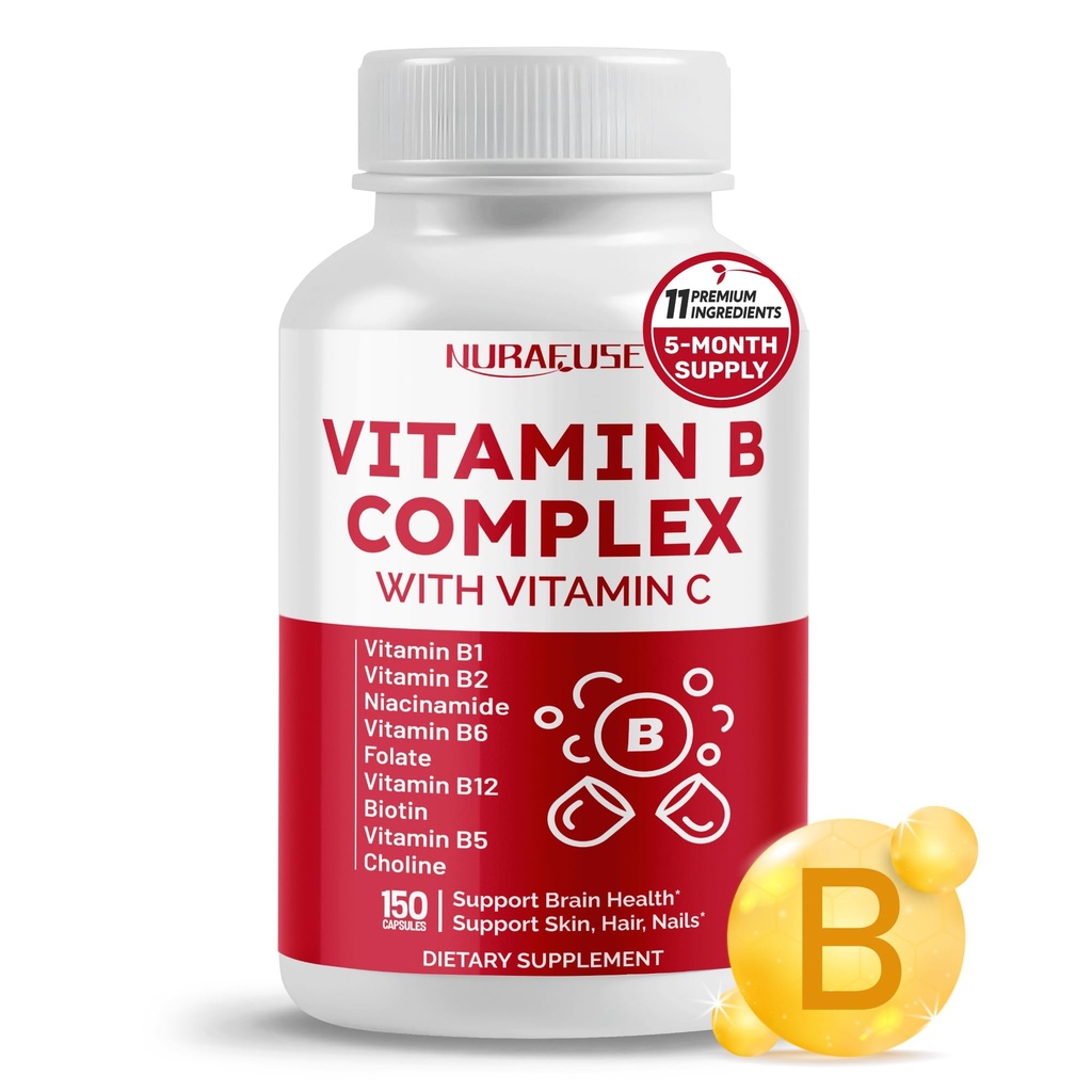 Vitamin B-kompleks vitamin B1, B2, 6,9,12 Niacin, med vitamin C - støtte hjerne helse, energinivå, hud, hår og negler - laget og testet i USA