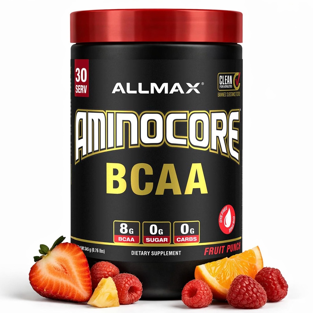ALLMAX Nutrition AMINOCORE BCAA pulver, 8,18 gram aminosyrer, intra og post trening gjenopprette drikke, glutenfri, fruktpunch, 315 g