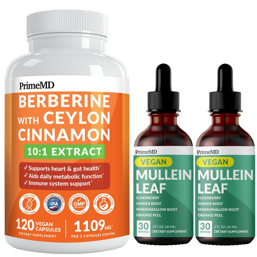 21-i-1 Berberine Supplement med Ceylon Cinnamon Chromium, Bitter Melon og Grønn Te Ekstrakt (120 ct) & 5-i-1 Mullein Drops for lunger og pustende lunge helse og bronkial støtte (60 serveringer)