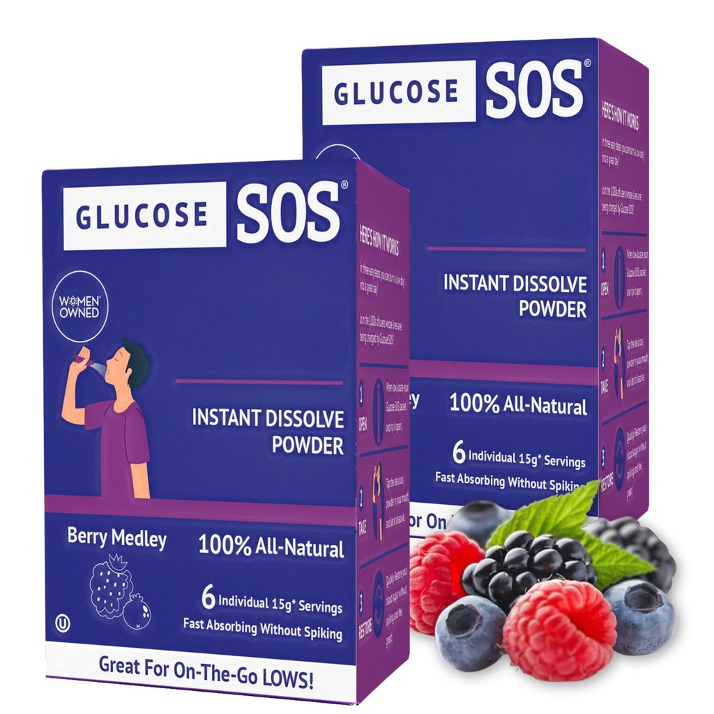 Glucose SOS glucose pulver pakker med naturlig dextrose, raskabsorpsjon Det løses umiddelbart i munnen din uten vann som trengs, Berry Medley 12 serveringer