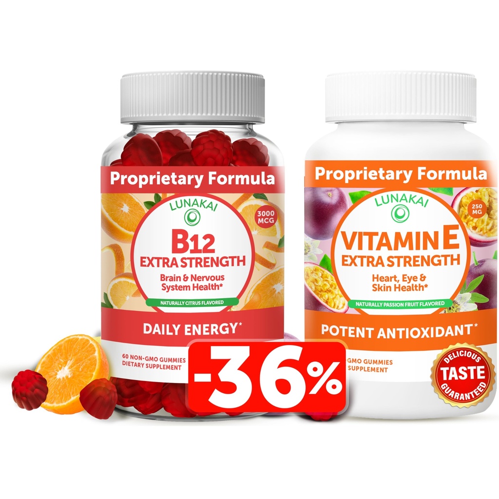 Lunakai vitamin B12 og vitamin E Gummies Bundle - 3000 mg Gummies for voksen energi støtte og bein helse - 250 mg 1000 iu naturlig VIT E Plus C kosttilskudd