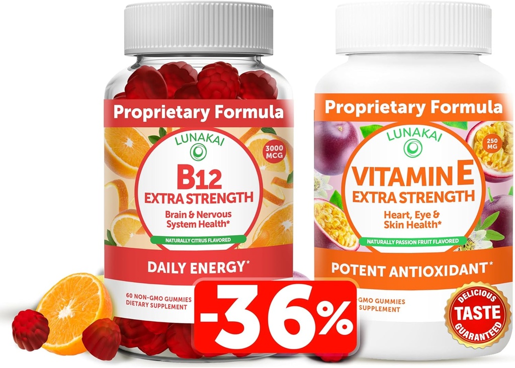 Lunakai vitamin B12 og vitamin E Gummies Bundle - 3000 mg Gummies for voksen energi støtte og bein helse - 250 mg 1000 iu naturlig VIT E Plus C kosttilskudd