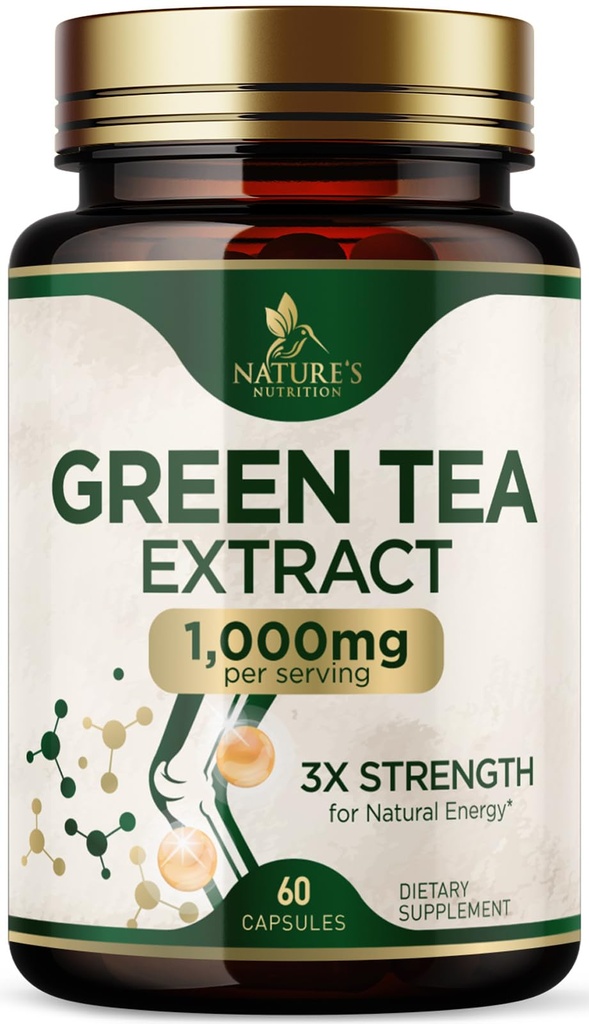 Grønn te ekstrakt kapsler 1000 mg - Standardisert 45% EGCG og 98% Polyfenoler - 3X Styrke Grønn te piller for naturlig energi - støtter hjerte helse, urtetilskudd, vegansk, ikke-GMO - 60 kapsler