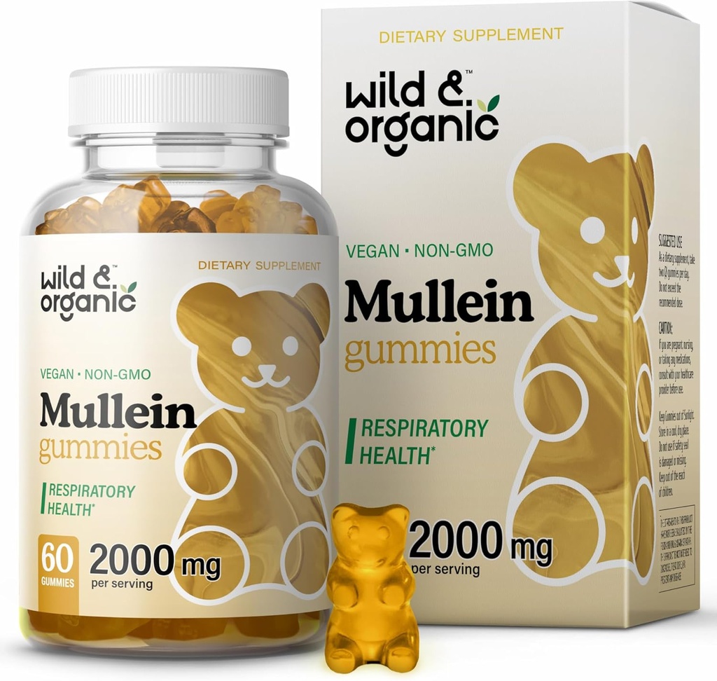 Wild & Organic Mullein Gummies for Lungs 2000mg - Lung Detox og Cleanse - Vegan Mullein Leaf Gummies for immunstøtte - 60 Non-GMO Herbal Extract Chews