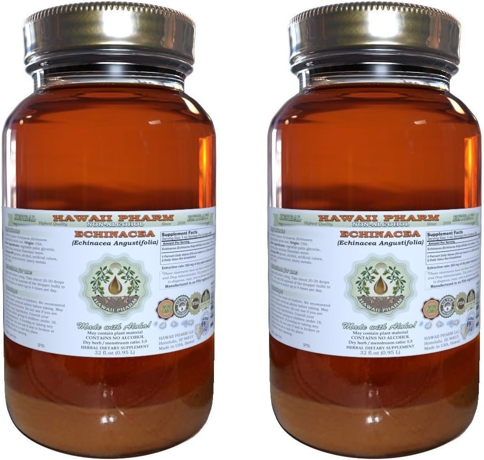Echinacea alkoholfri flytende ekstrakt, Echinacea (Echinacea Angustifolia) tørket rot glyseritt Hawaii Pharm Naturlig Herbal Supplement 2x32 oz Ufiltrert