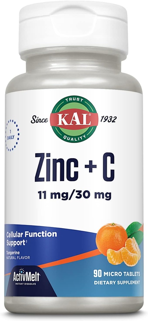 KAL Zinc Plus C, Umiddelbar løse vitamin C og sink, Cellular funksjon og immunstøtte, Optimal absorpsjon, Naturlig Tangerine Flavor, 60-dagers pengene-tilbake garanti, 90 Serveringer, 90 mikrotabletter